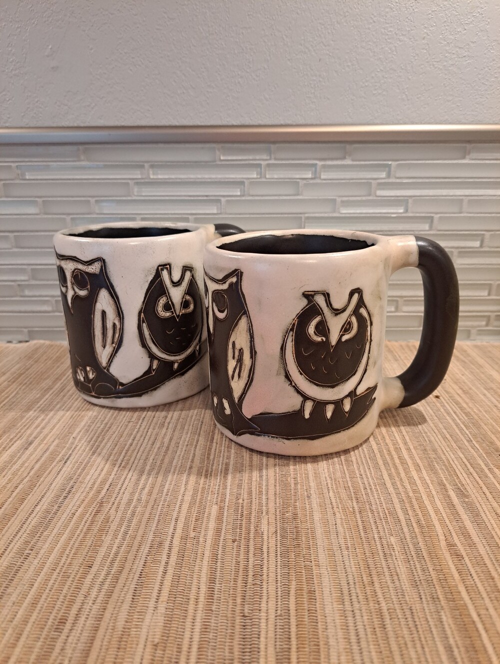 2 MARA Mexico Stoneware Coffee Mug Night Owls Art Pottery. Signed- Heavy